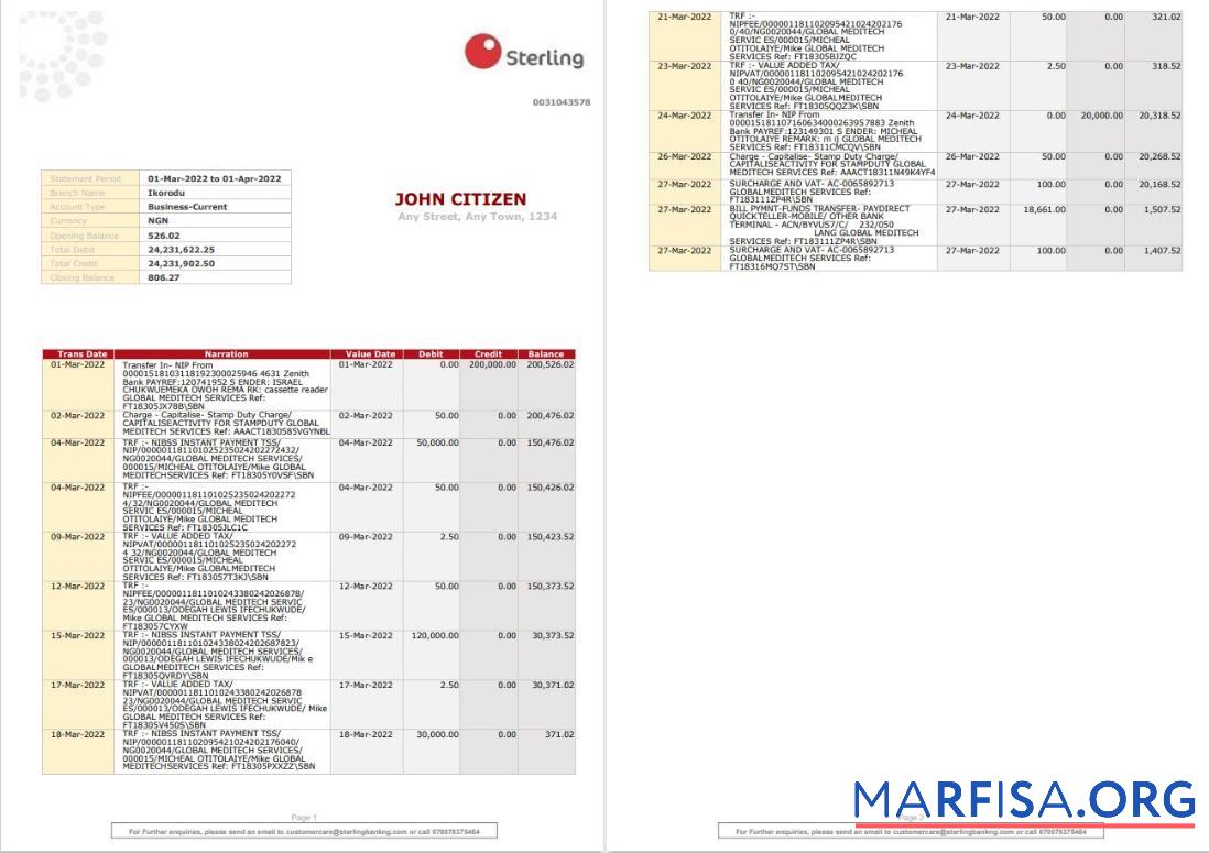 Realistic Nigeria Sterling bank statement word example